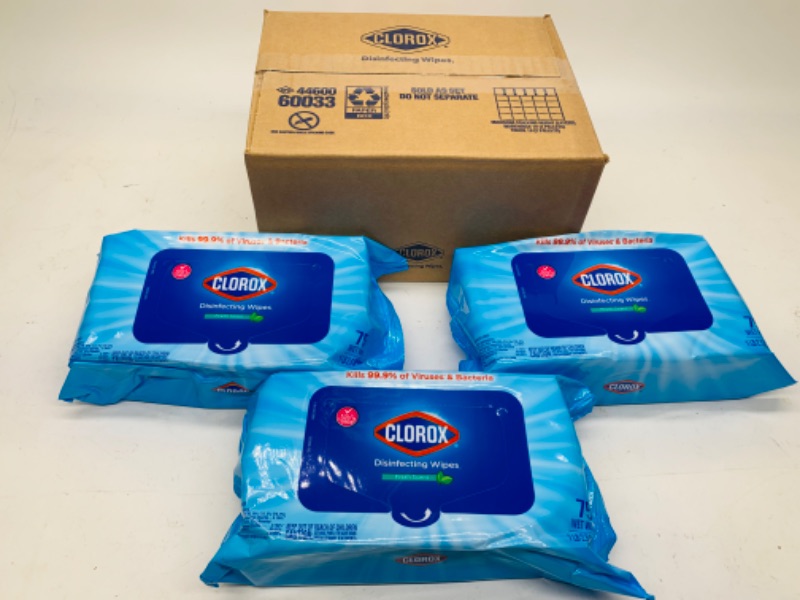 Photo 1 of 279356… 225 Clorox disinfecting wipes- 3 packs of 75 count per pack in box 