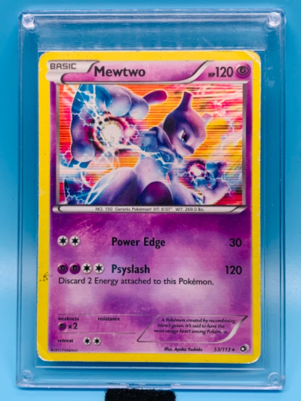 Photo 1 of 279475…Pokémon Mewtwo reverse holo card 53/113 in hard plastic case - shows some wear on edges 