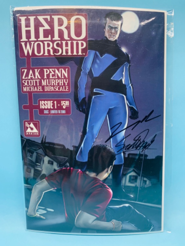Photo 1 of 279542…autographed hero worship comic #1 signed by Zak Penn and Scott Murphy in plastic sleeve 