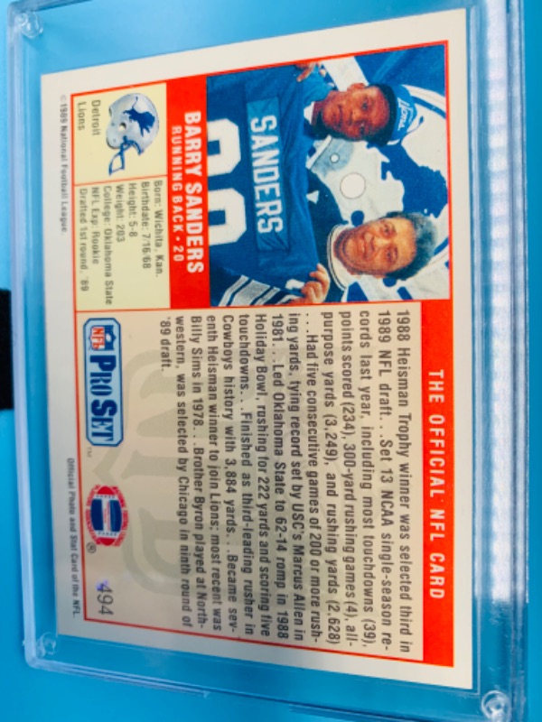 Photo 2 of 279570…pro set Barry Sanders rookie card 494 in hard plastic case  1989