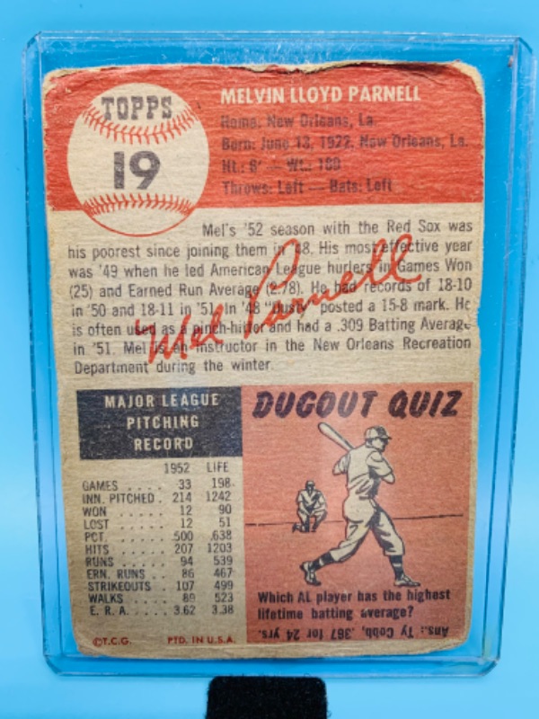 Photo 2 of 279613…Topps 1953 mel Parnell card 19 in hard plastic sleeve. Card has bended corners and edges , wear from age 