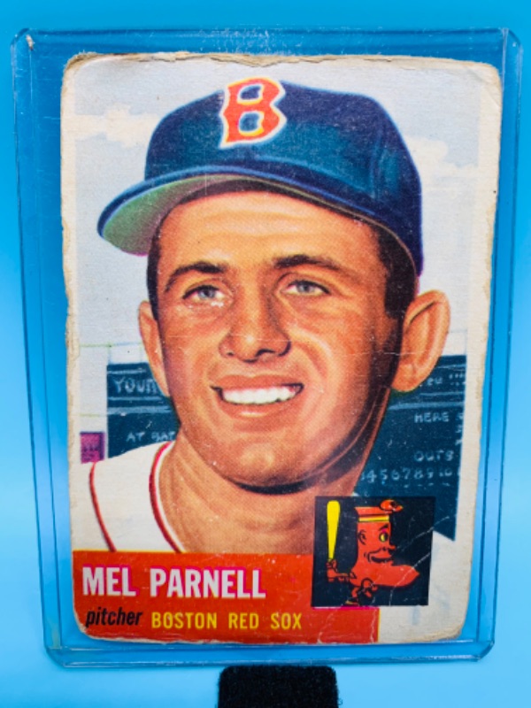 Photo 1 of 279613…Topps 1953 mel Parnell card 19 in hard plastic sleeve. Card has bended corners and edges , wear from age 