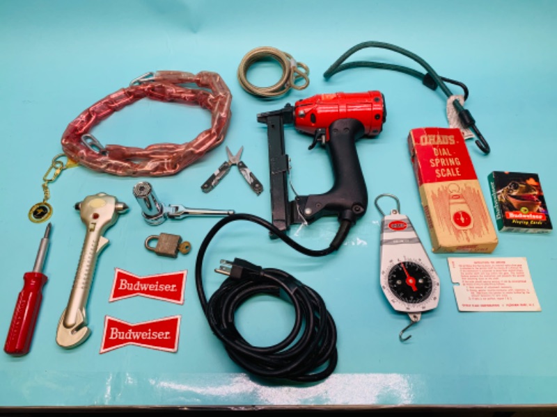 Photo 1 of 279649…misc tools and garage items - gator grip socket, gerber all purpose tool, spring scale and more 