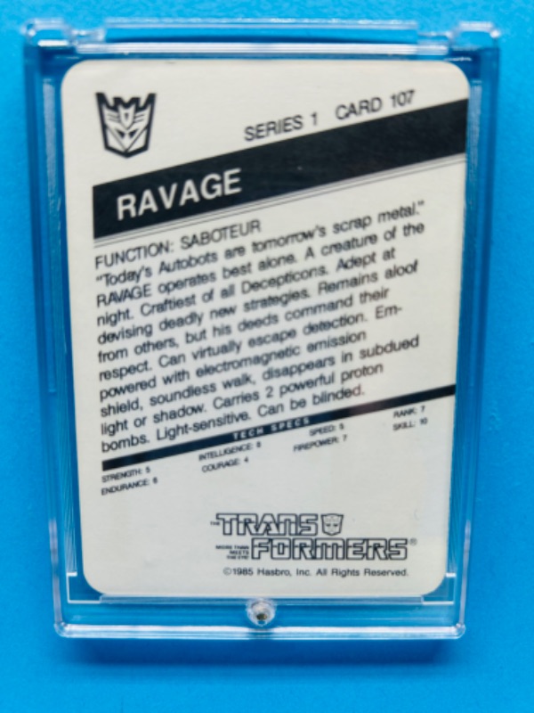 Photo 2 of 279943…1985 transformers Ravage card 107 rare purple variant series 1  in hard plastic case 