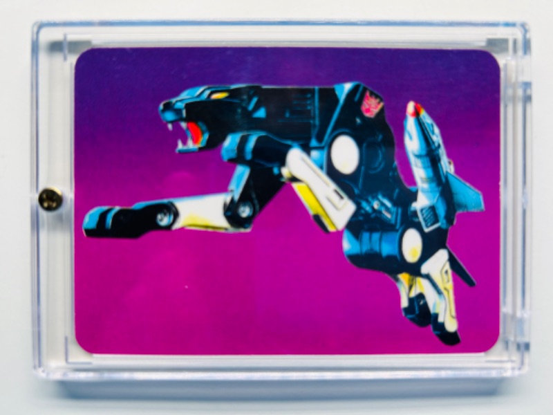 Photo 1 of 279943…1985 transformers Ravage card 107 rare purple variant series 1  in hard plastic case 