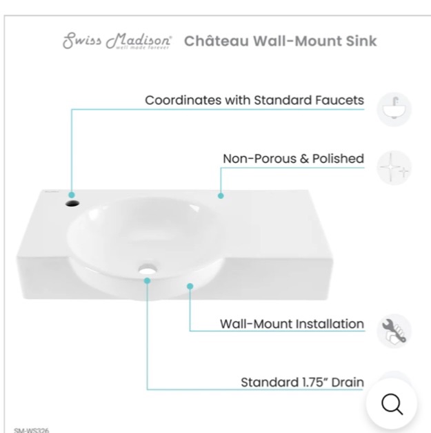 Photo 3 of 281564…Swiss Madison château left side wall mount ceramic bathroom sink in original box 