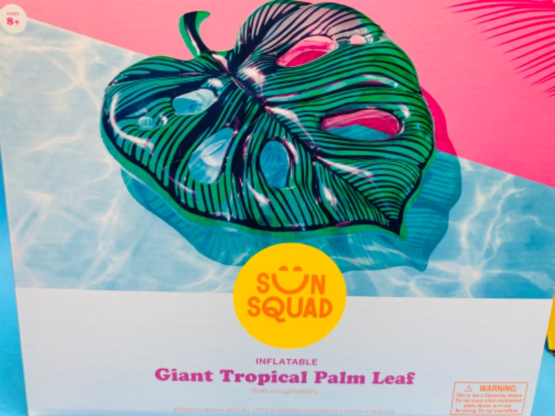 Photo 3 of 281600… 2 sun squad giant inflatable tropical palm leaf pool floats in boxes. Over 5 foot with cup holders. Msrp $25.00 each x 2 