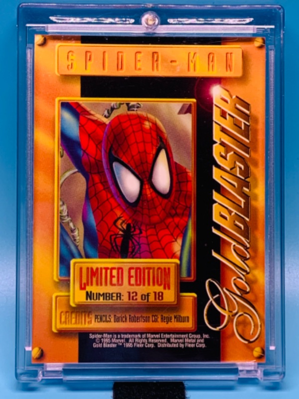 Photo 1 of 281994…marvel metal gold blaster Spider-Man card 12 limited edition in hard plastic case 