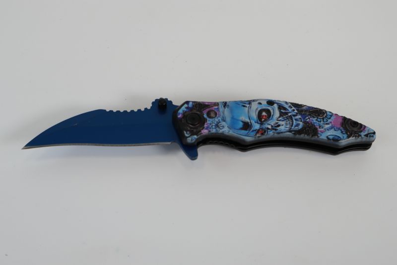 Photo 1 of BLUE AND PURPLE MECHANICAL SKULL POCKET KNIFE NEW