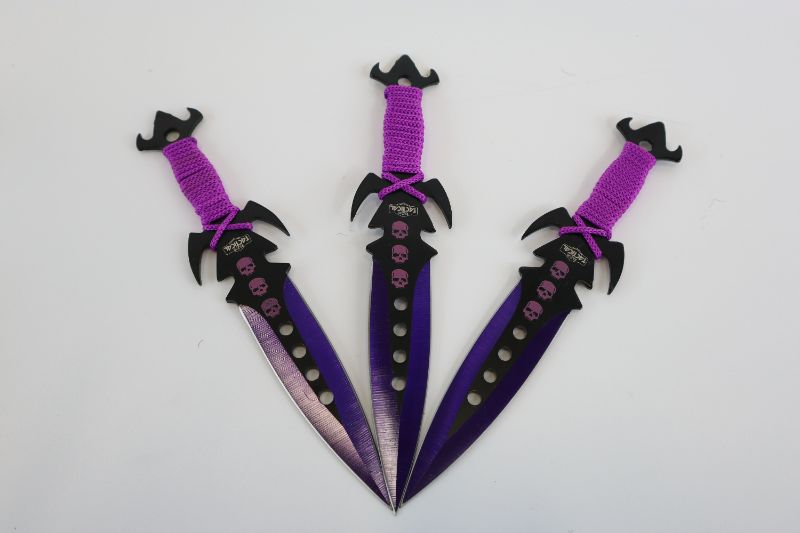 Photo 1 of 7.5 INCH THREE PACK PURPLE THROWING KNIVES NEW