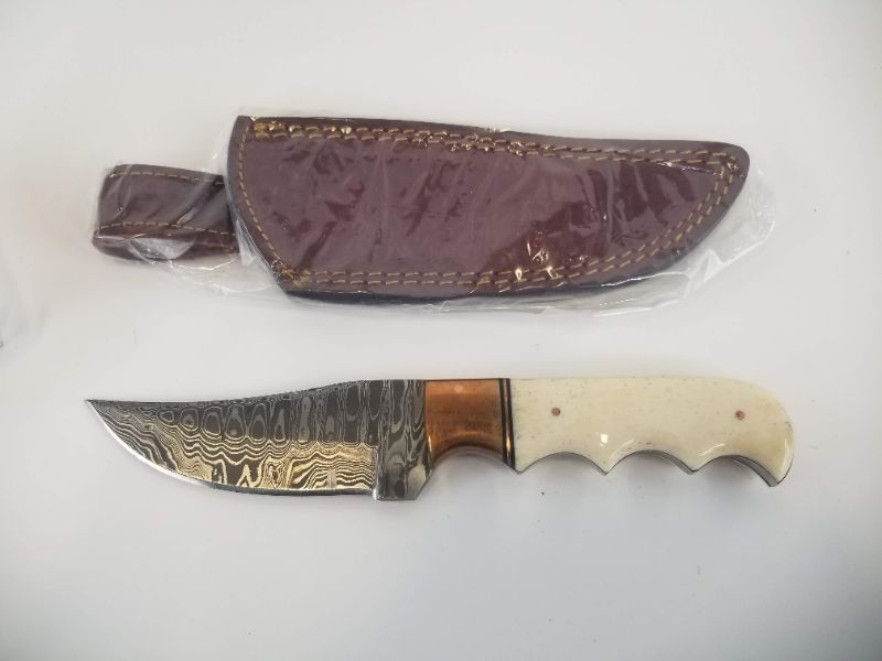 Photo 2 of 9.25 DAMASCUS COPPER BONE SKINNER KNIFE 