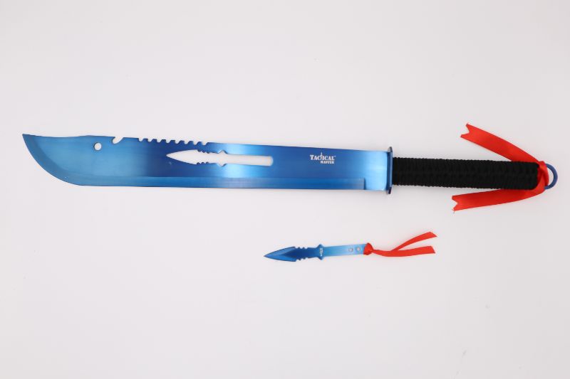 Photo 1 of BLUE MACHETE KNIFE SWORD WITH SMALL THROWING KNIFE AND NAPKIN HANDLE 