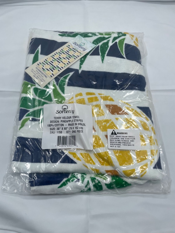 Photo 1 of Softerry Pineapples Stripes Beach Towel 30 x 60 inches 100% Cotton (Navy)
