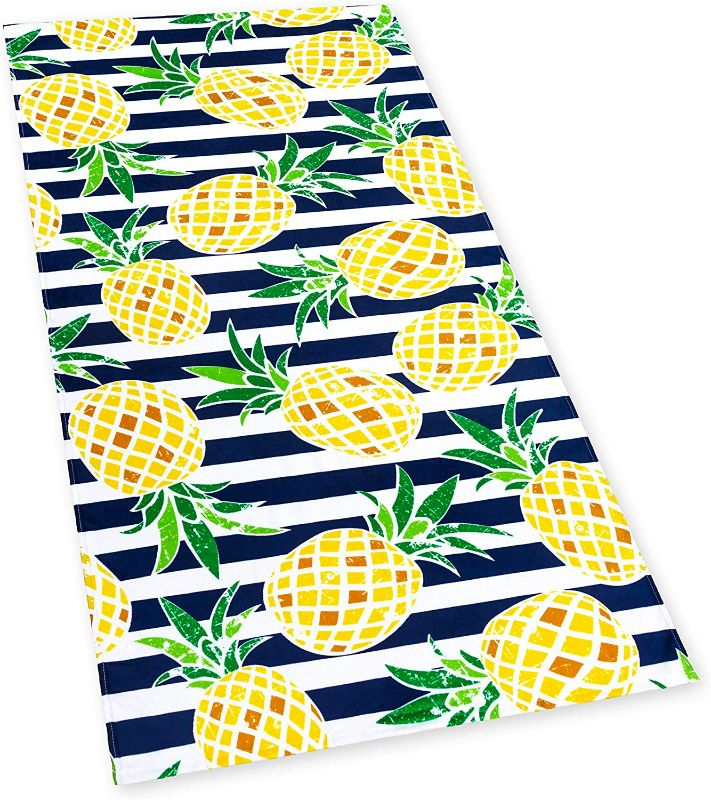 Photo 1 of Softerry Pineapples Stripes Beach Towel 30 x 60 inches 100% Cotton (Navy)
