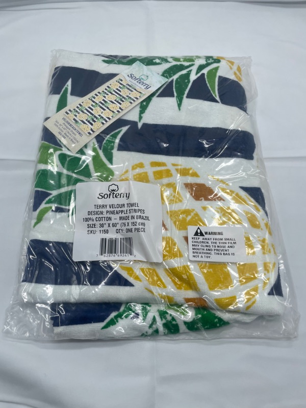 Photo 2 of Softerry Pineapples Stripes Beach Towel 30 x 60 inches 100% Cotton (Navy)
