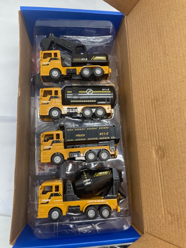 Photo 2 of Geyiie Construction Trucks Toy Set, Construction Vehicles Site for Kids Engineering Toys Playset for Boys, Pull Back Cars Excavator Tractor Bulldozer Dump Cement Snow Toy Gifts for Party Favor