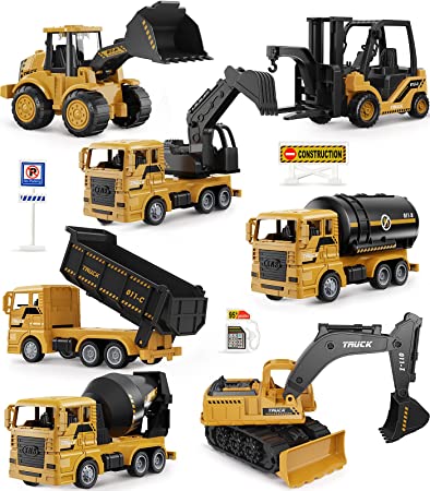Photo 1 of Geyiie Construction Trucks Toy Set, Construction Vehicles Site for Kids Engineering Toys Playset for Boys, Pull Back Cars Excavator Tractor Bulldozer Dump Cement Snow Toy Gifts for Party Favor