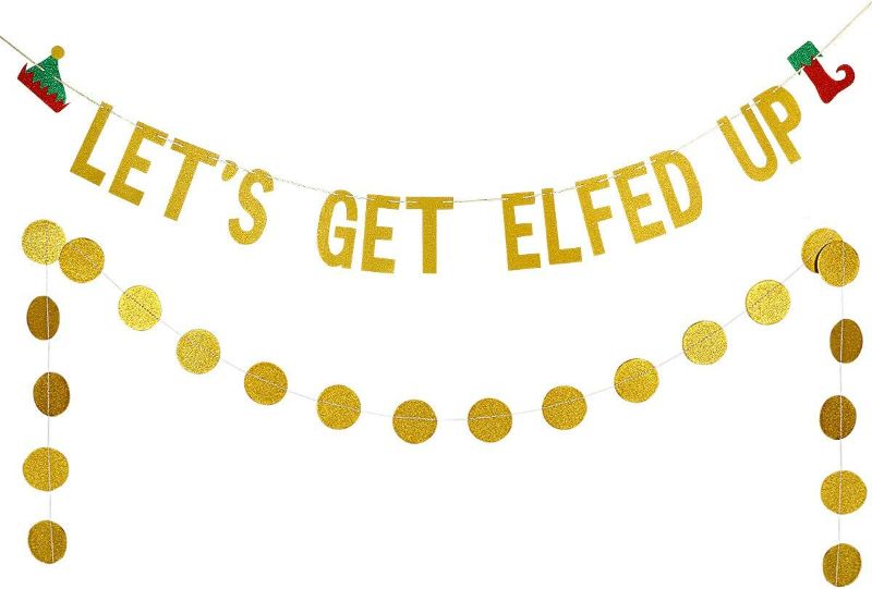 Photo 1 of Lets Get Elfed Up Banner Gold Glitter Elf Party Banner Friendsmas Banner for Elfed Up Christmas Party Decorations, Friendsmas Christmas Holiday Party Banner Decorations