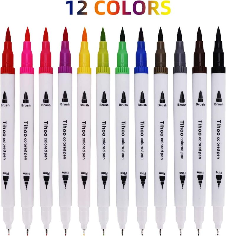 Photo 1 of Tihoo Dual Tip Brush Markers, 12 Colors Art Pens Set with Fine Tip and Brush Tip, Artist Watercolor Pens for Kids Adult Drawing Illustration Noting Hand Lettering Calligraphy, Felt Tip Journal Pens