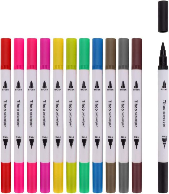 Photo 2 of Tihoo Dual Tip Brush Markers, 12 Colors Art Pens Set with Fine Tip and Brush Tip, Artist Watercolor Pens for Kids Adult Drawing Illustration Noting Hand Lettering Calligraphy, Felt Tip Journal Pens