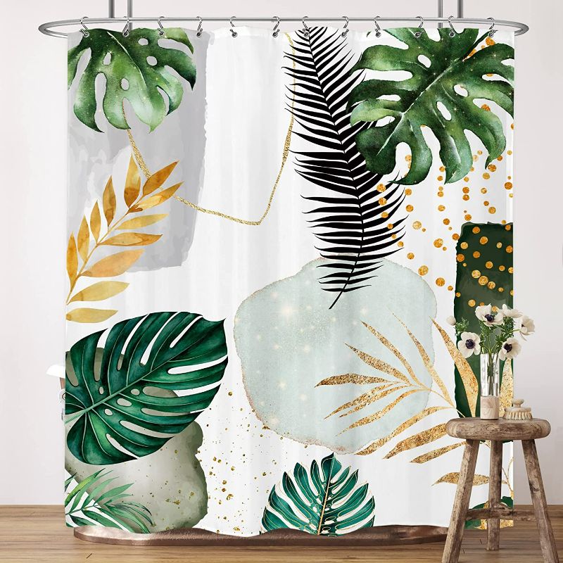 Photo 1 of LIGHTINHOME Green Abstract Shower Curtain 60Wx72H Inches Mid Century Boho Tropical Palm Leaves Modern Minimalist Aesthetic Bathroom Home Decor Fabric Waterproof Polyester with 12 Pack Plastic Hooks