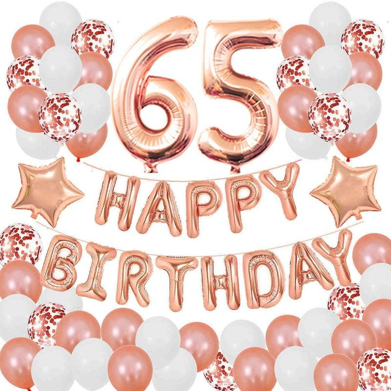 Photo 1 of Succris 65TH Birthday Decorations for Girls and Women 65th Birthday decorations 65 Years Old Birthday Party Supplies Happy Birthday Banner Rose Gold Confetti balloons Rose Gold