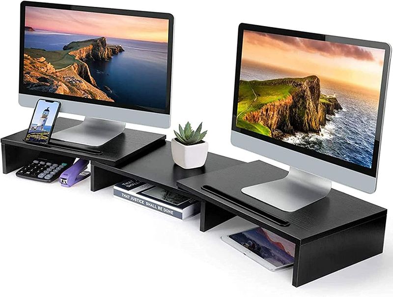 Photo 1 of Dual Monitor Stand, Monitor Stands for 2 Monitors, Monitor Stand Riser for PC, Computer, Laptop - Computer Monitor Stand with Adjustable Length and Angle, Desktop Organizer with 2 Slots