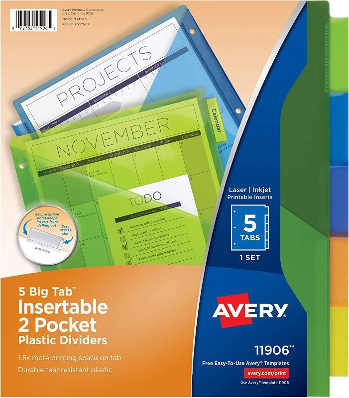 Photo 1 of Avery 5-Tab Plastic Binder Dividers with Pockets, Insertable Multicolor Big Tab