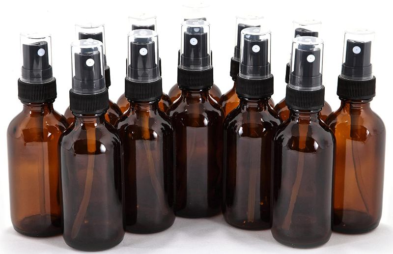 Photo 1 of 12, Amber, 2 oz Glass Bottles, with Black Fine Mist Sprayers