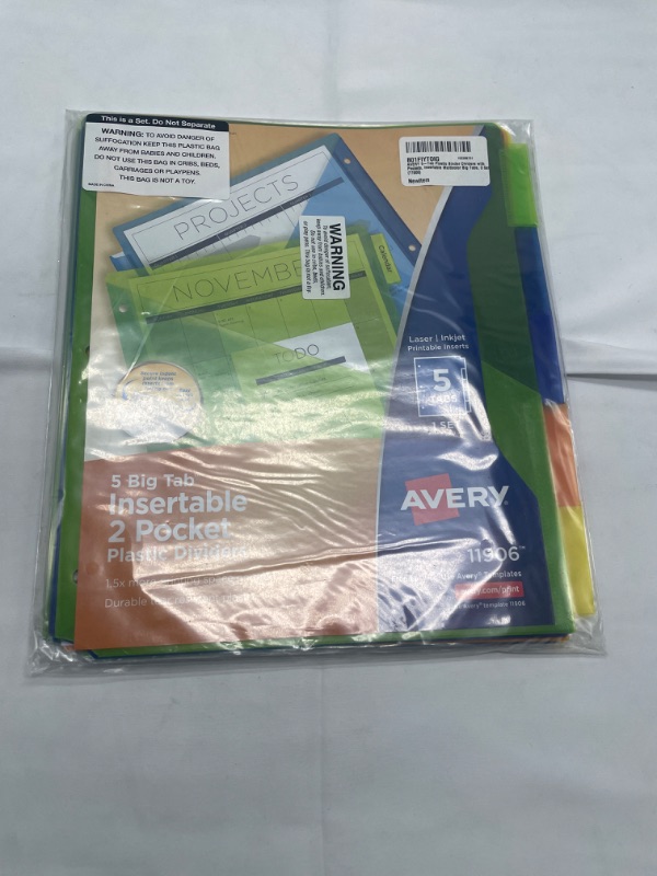 Photo 3 of Avery 5-Tab Plastic Binder Dividers with Pockets, Insertable Multicolor Big Tabs, 1 Set (11906)