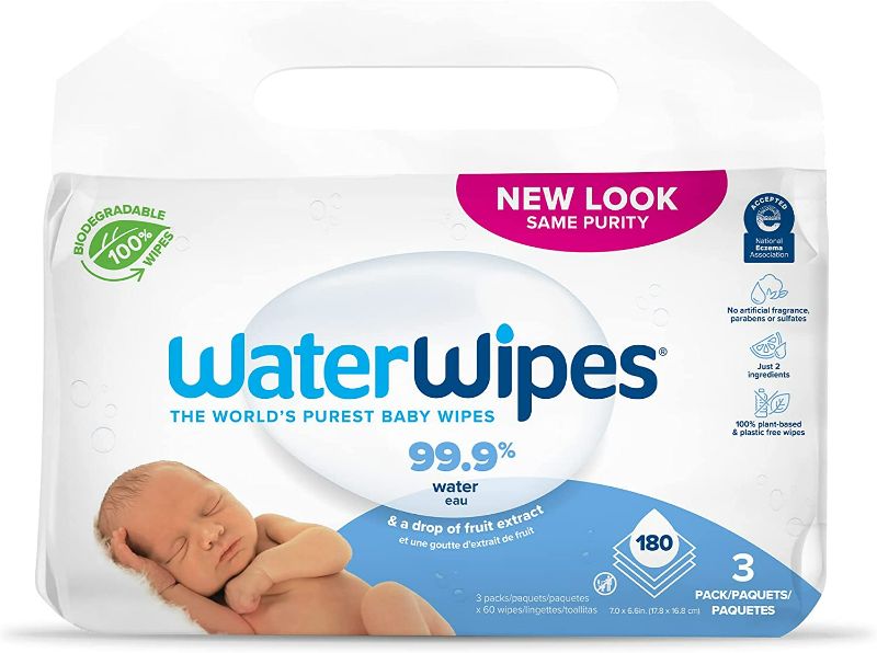 Photo 1 of WaterWipes Plastic-Free Original Baby Wipes, 99.9% Water Based Wipes, Unscented & Hypoallergenic for Sensitive Skin, 180 Count (3 packs), Packaging May Vary