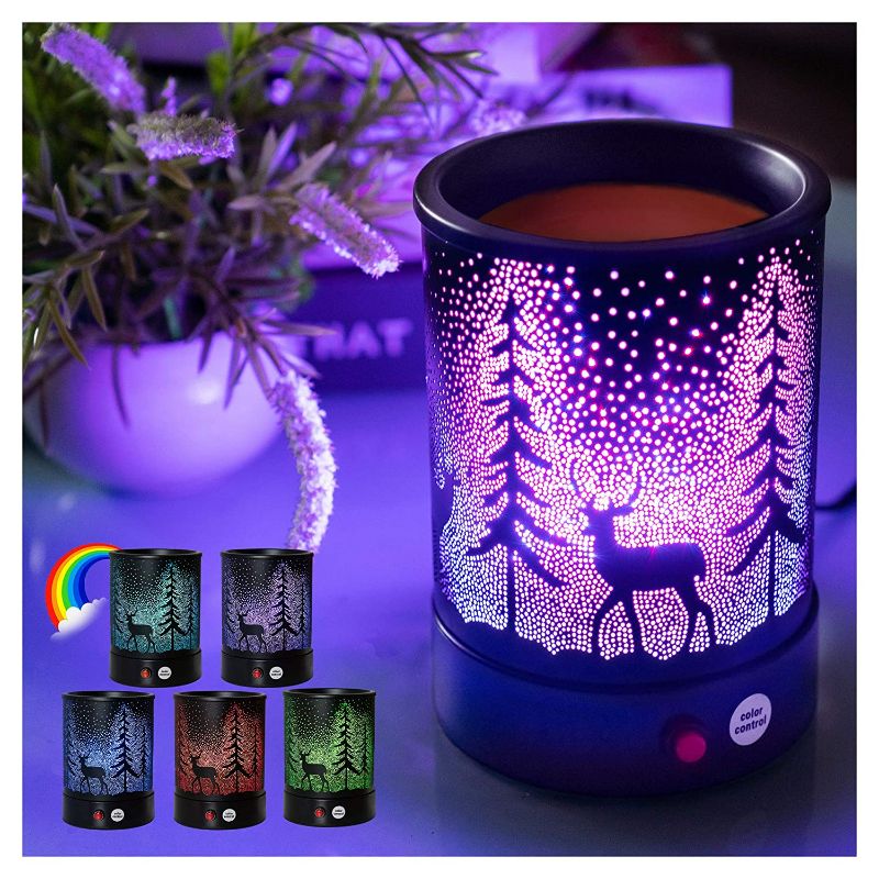 Photo 1 of Hituiter Fragrance Wax Melts Warmer with7 colors lighting oil lamp scented wax Candle Warmer Burner Melt Wax Cube Melter classic pine forest deer design for Home Décor, Office, and Gifts