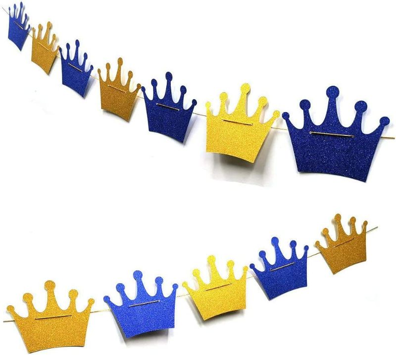 Photo 1 of Royal Blue Crown and Gold Glitter Paper Bunting Banner for Prince Boy Baby Shower Prince Birthday Party Decorations 12CT (Royal Blue Gold)