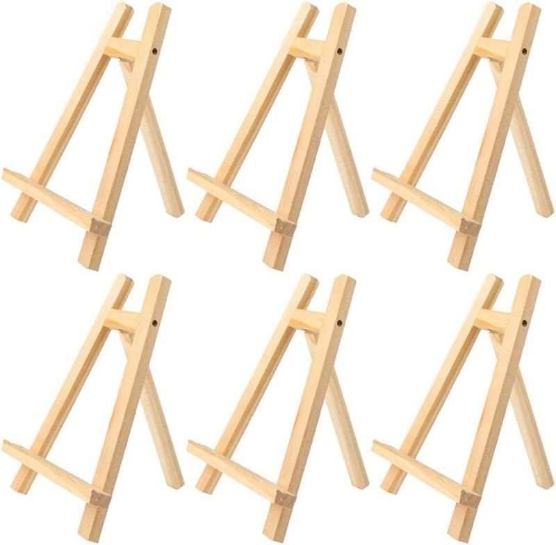 Photo 1 of 6 Pack 9 inch Natural Pine Wood Small Tabletop A-Frame Display Stand Art Easel for Artist Kids Painting Class Party, Portable Canvas Photo Picture Desktop Tripod Holder