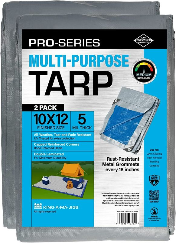 Photo 1 of (2 Pack) 10x12 Ft Tarps, Waterproof Plastic Poly  Tarpaulin with Metal Grommets Every 18in - Emergency Rain Shelter, Outdoor Cover and Camping Use - (Reversible, Blue and Silver)