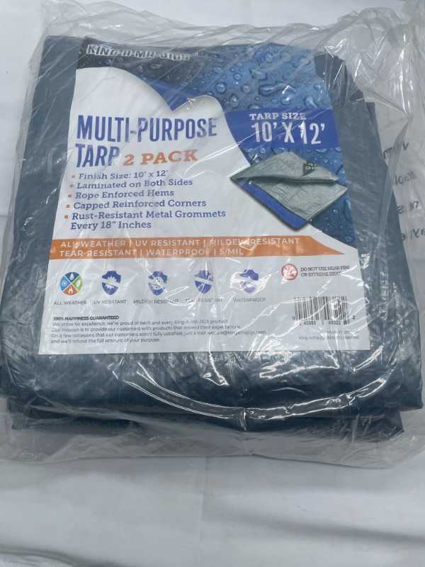 Photo 2 of (2 Pack) 10x12 Ft Tarps, Waterproof Plastic Poly  Tarpaulin with Metal Grommets Every 18in - Emergency Rain Shelter, Outdoor Cover and Camping Use - (Reversible, Blue and Silver)