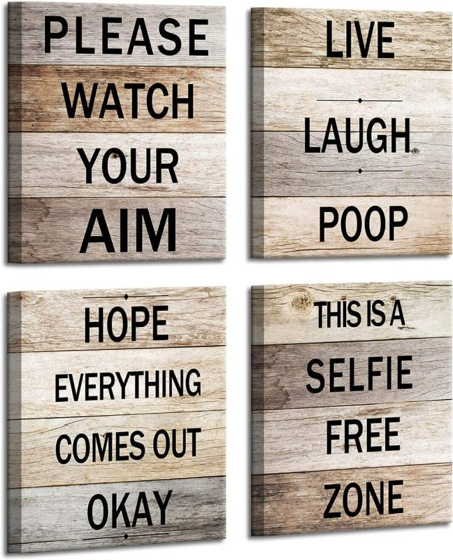 Photo 1 of Restroom Decor The Funny Bathroom Signs Rustic Wooden Background Wall Art Farmhouse Bedroom Decor 4 Pieces Bathroom Decorations Accessories Bathroom Shelf Decorations Framed Wall Art 12x16inchx4pcs