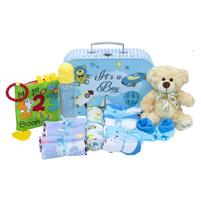 Photo 1 of Welcome to The World Baby Boy Suitcase, Baby Layette Set and New Baby Essentials in A Durable Keepsake Suitcase Box, Blue, Medium Baby Boy Gift Set - Nikki’s Gift Baskets