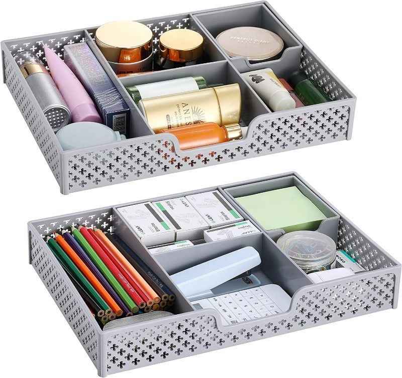 Photo 1 of 2 Pack Simple Trending Plastic Desktop Drawer Organizer, Office Desk Tray Organization with Adjustable Storage Box for Kitchen, Makeup, Silver