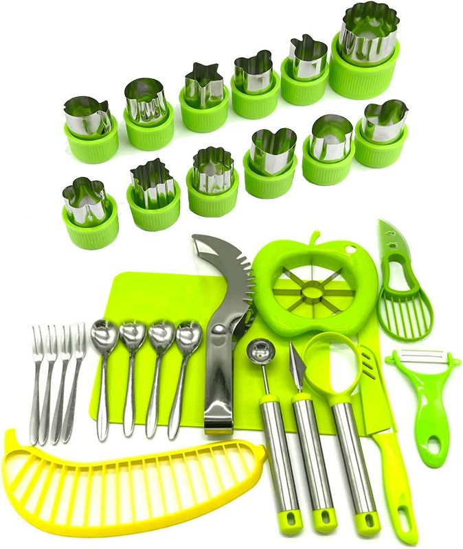 Photo 1 of 30 PCS Fruit slicer set Fruit Shape Cutters, mini Cookie Cutters, Apple Slicer, Avocado Cutter, Banana Slicer, Watermelon Cutter, melon baller, Carving Knife, vegetable cutters Carespot