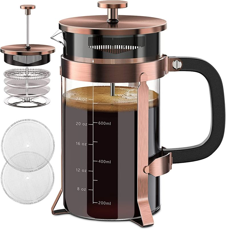 Photo 1 of QUQIYSO French Press Coffee Maker 34oz 304 Stainless Steel French Press with 4 Filter, Heat Resistant Durable, Easy to Clean, Borosilicate Glass Coffee Press, 100% BPA Free Glass Teapot (Copper)
