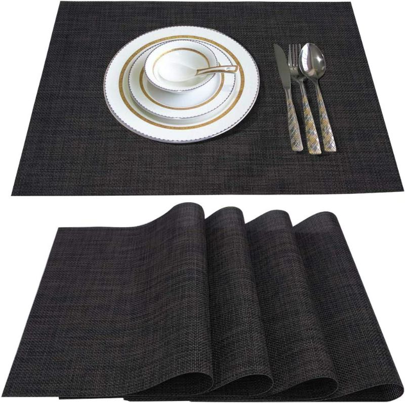 Photo 1 of Placemats Set of 4 Jolumros Place Mats for Dining Table Non-Slip Heat Resistant Washable Woven Vinyl Place Mats for Kitchen Decor Insulation Table Mats(Black)