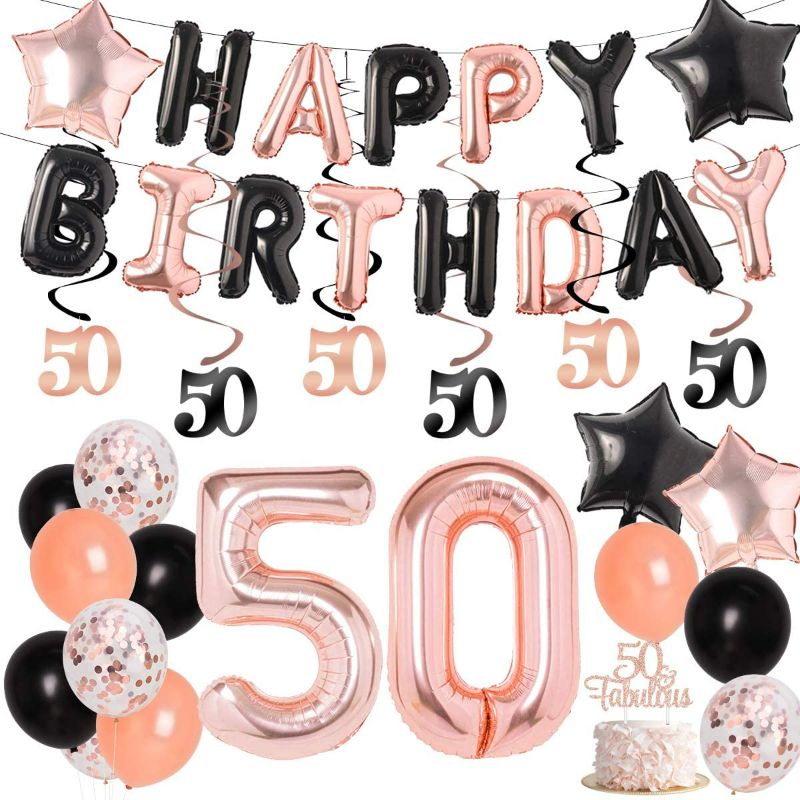 Photo 1 of Black Rose Gold 50th Party Decorations, HAPPY BIRTHDAY Banner 50 Fabulous Cake Topper Hanging Swirls Number 50 Foil Balloons for Women Girl 50 Year Old Supplies