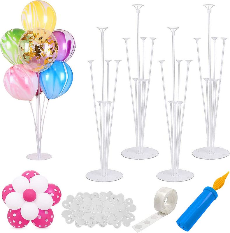 Photo 1 of 4 Sets of Balloon Table Stand Kit (7 Sticks 7 Cups 1 Base), Reusable Clear Balloon Centerpiece Stand Table Desktop Holder with 1 Pump for Birthday Wedding Party Festival Event Decorations