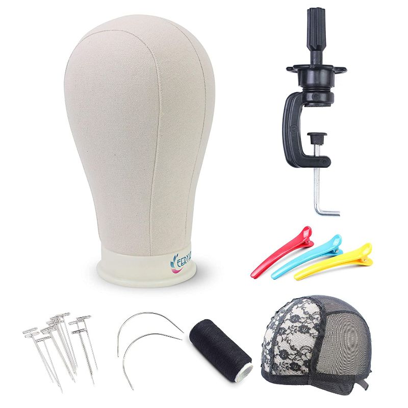 Photo 1 of Eerya 21-24 Inch Canvas Block Head Set for Wig Display Making Hair Weave and Styling Mannequin Head with Mount Hole C Stand, Styling Hair Clips, T Needle, C Needles, Thread, Lace Wig Caps (22 Inch