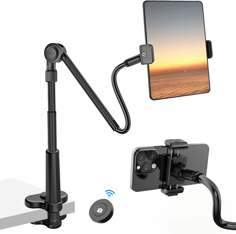 Photo 1 of 4.6"-11" Phone & Tablet Bed Holder with wireless remote,gooseneck Cellphone Stand Long arm,Flexible Overhead Mount clamp Clip for Desk Bedside headboard, Recording Filming, for iPhone/iPad/Tablet
