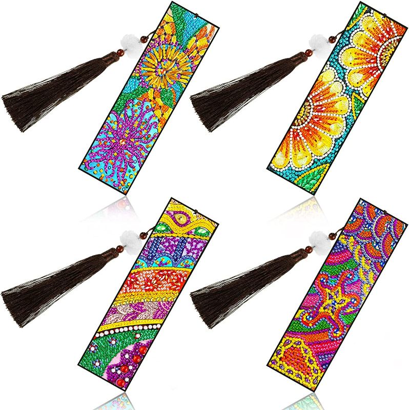 Photo 1 of 4 Pieces 5d Diamond Painting Bookmark DIY Beaded Bookmarks with Tassel and Diamond Painting Tool for Kids Adults Beginner Art Craft Supplies Christmas Decoration (Vibrant Style)