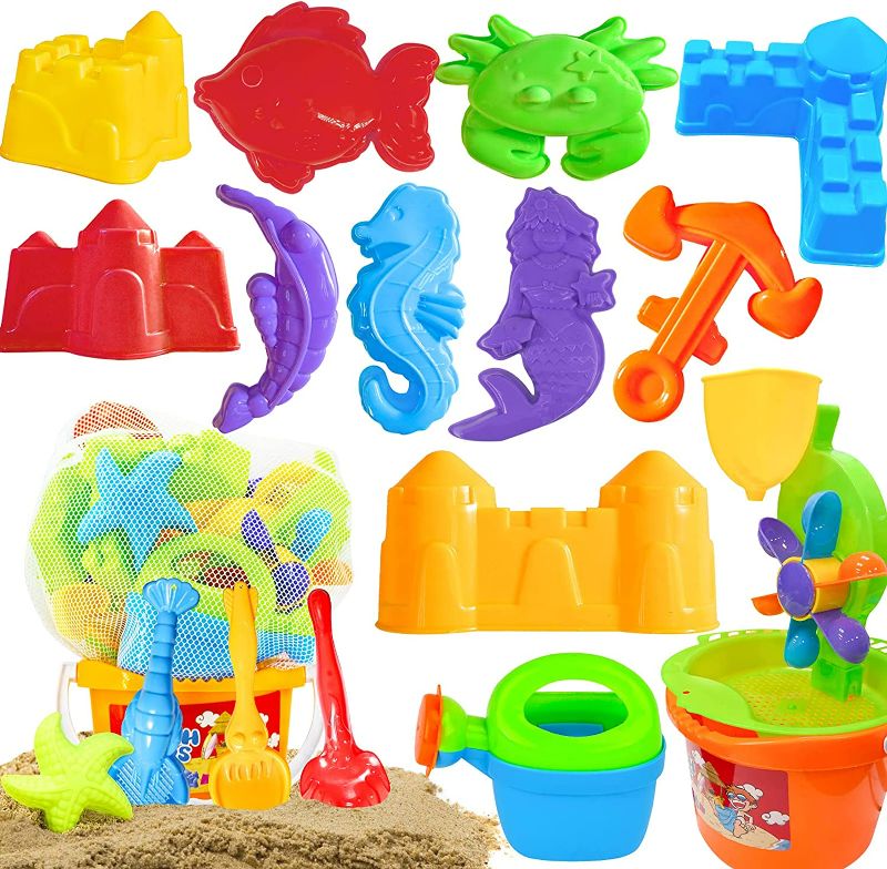 Photo 1 of Scientoy Beach Toys, 19 Pcs Sand Toys Set, Summer Outdoor Sandbox Toys for Kids & Toddlers with Sand Water Wheel, Beach Shovel Tools, Beach Bucket, Sand Molds, Watering Can & Mesh Bag for Beach Party