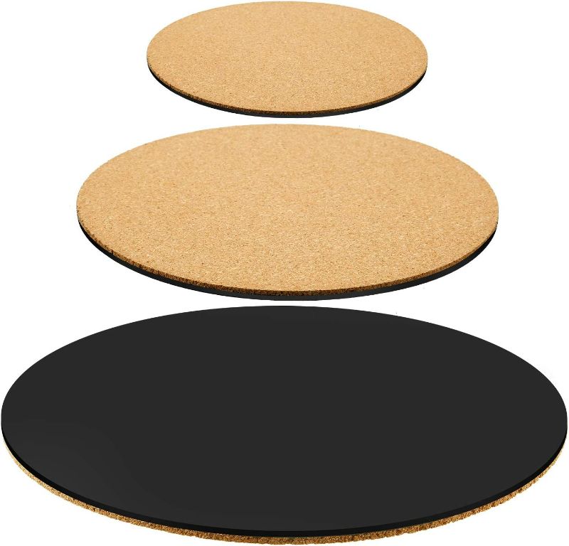 Photo 1 of 3 Pieces Cork Plant Mat Round Cork Plant Coasters DIY Cork Pad Plant Plate Pad for Gardening, Indoor and Outdoor Pots, DIY Craft Project (Nude and Black, 6 Inches, 8 Inches, 10 Inches)