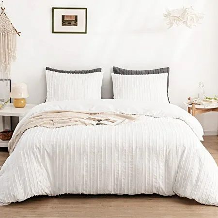 Photo 1 of White Boho Duvet Cover Set King Size, Striped Textured Duvet Cover Tufted Bedding Set, 3 Pcs Ultra Soft Washed Microfiber Duvet Cover with Zipper Closure (King, White)